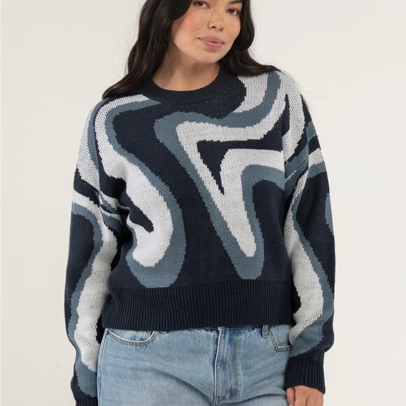 Full Tilt Gray and Blue Crew Neck Sweater with Modern Swirl Design XS - Picture 1 of 4